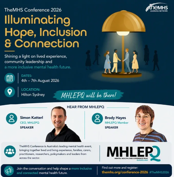 MHLEPQ conference graphic: Mental Health Lived Experience Peak Queensland will be there, hear from speakers Simon Katterl, CEO, and Brody Hayes, member