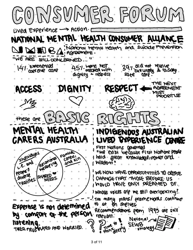 Hand-drawn visual notes from the TheMHS Consumer Forum, headed Consumer Forum, Lived Experience to Action, covering access, dignity and respect as basic rights